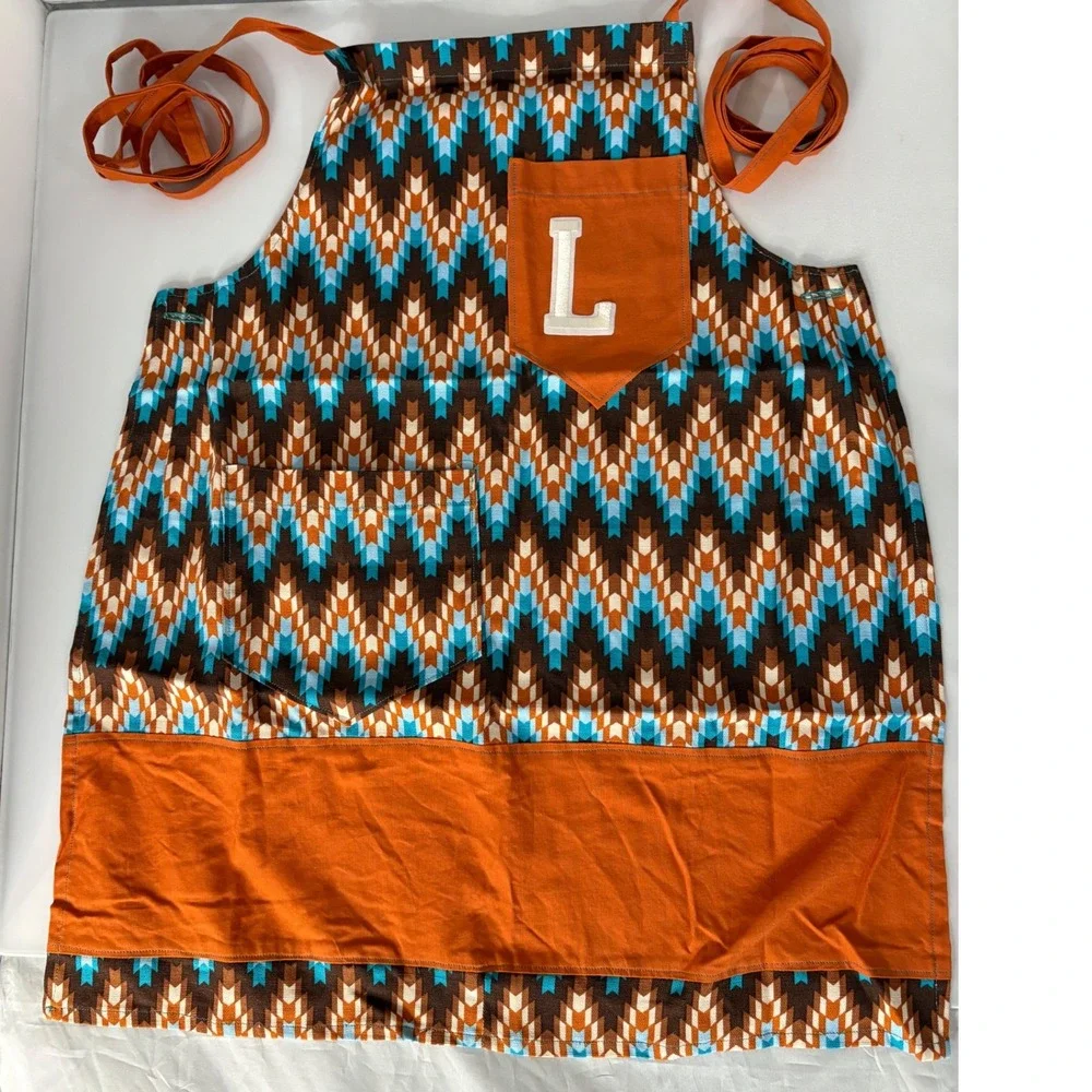 Handmade Kids Apron Initial L Brown Blue Orange Chevron Pattern Crafting Cooking